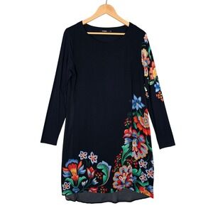 Desigual Floral Long Sleeve Sheer Mesh Overlay Navy Blue Dress Multi 44 Large